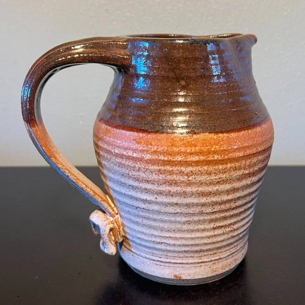 Handcrafted Hand Thrown Studio Clay Pottery  Rounded & Ribbed Water Pitcher - Picture 6 of 16